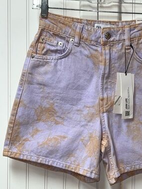 Zara Purple Tie Dye Denim Jean Shorts 24 Size 2 Wide Leg High Rise New NWT